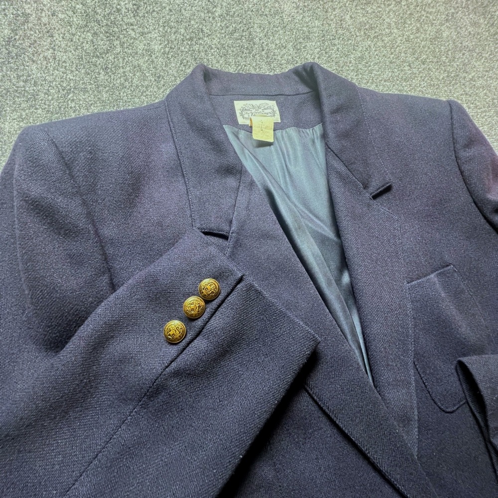 Vintage Navy Blue Wool Blend Blazer Gold Crest Button Preppy Academic 8 Villager